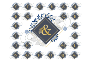 Floral Blue and Gold Deco Monogram for Graphics and Illustrations